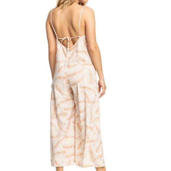 Roxy Close to You Palm Print Tie Back Wide Leg Jumpsuit Women's Tan Size M NWT - Picture 4 of 8